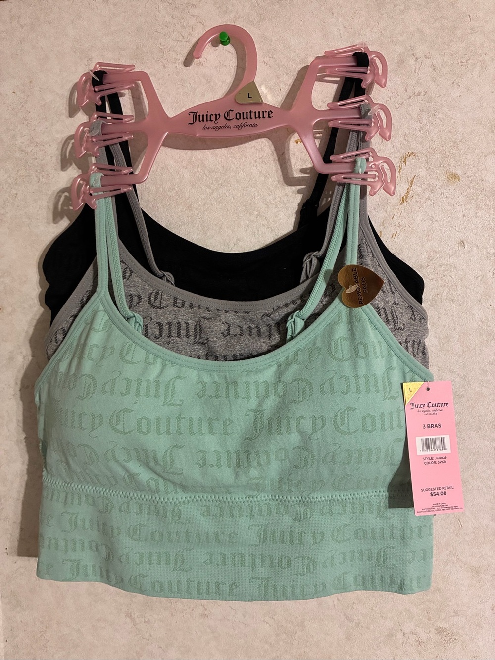 Juicy Couture 3-Pack Bralette Set in Mint, Gray & Black